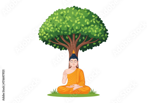 A cartoon Buddha meditates under a lush full tree with a peaceful expression