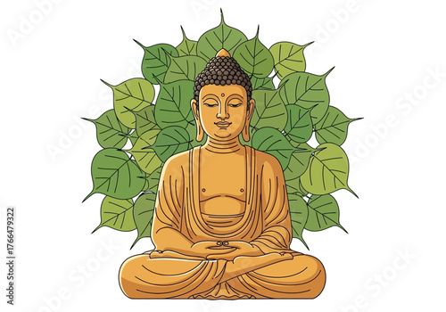 A golden Buddha figure is seated against a backdrop of green leaves
