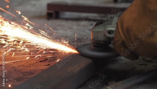 An industrial worker uses a  welding flame tool to cut and weld hot steel in the forge.