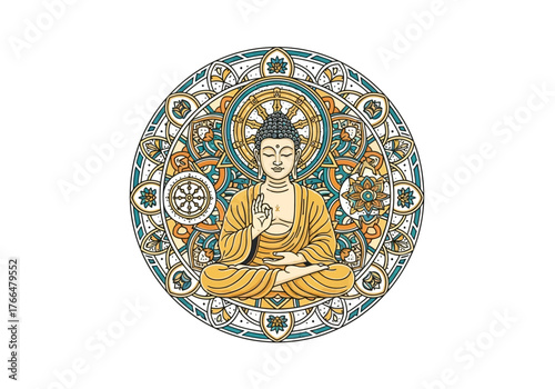 A golden Buddha sits in lotus pose inside a circular mandala with teal and yellow geometric and floral patterns