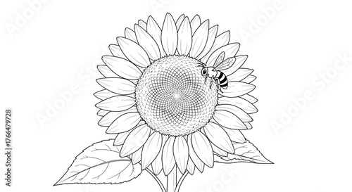 Blooming Sunflower with Busy Bee Educational Plant Life Coloring Page_transparent.svg