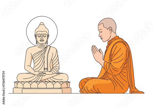 A monk prays before a Buddha statue seated in meditation