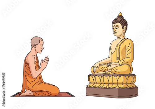 A monk prays before a seated Buddha statue