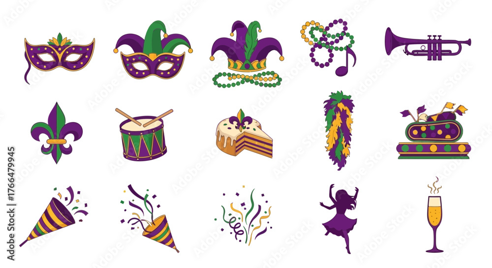 Fototapeta premium Bold Pop Art Set of 15 Carnival Mardi Gras Vector Silhouettes in Purples Greens and Gold_transparent.svg