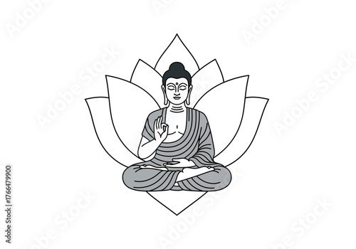 A seated Buddha figure on a lotus with outlined petals  shades of gray
