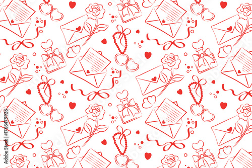 Seamless Valentine s Day pattern in red outlines featuring roses, hearts, love letters, and ribbons. Decorative elements perfect for romantic occasions and gift designs.