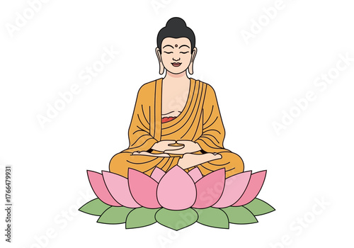 A seated Buddha illustration serene with closed eyes atop a pink lotus flower on a white background