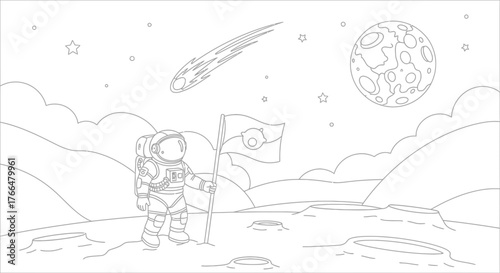 Brave Astronaut Planting Flag on Moon Surface Educational Space Coloring Sheet_transparent.svg