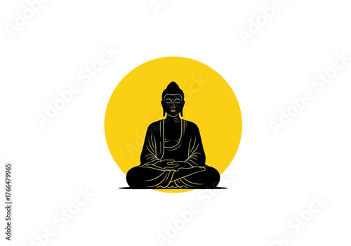 A seated Buddha silhouette in black centered against a golden yellow circle