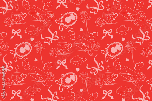 Romantic seamless pattern featuring Valentine s Day elements like hearts, roses, and love letters in a red theme. Vector illustration perfect for romantic and festive designs.