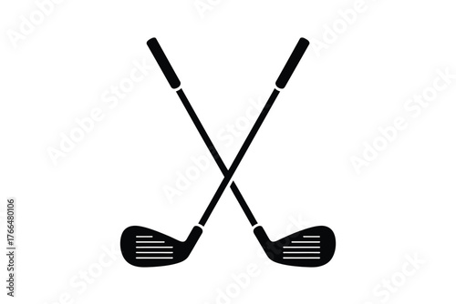 Minimalist black silhouette crossed golf clubs emblem—modern sports branding vector logo design for golf club teams, tournaments, athleticwear, and premium merchandise.