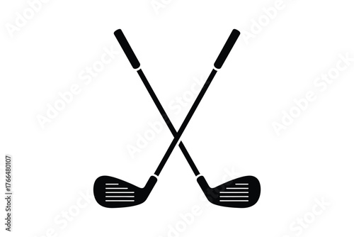 Minimalist black silhouette crossed golf clubs emblem—modern sports branding vector logo design for golf club teams, tournaments, athleticwear, and premium merchandise.