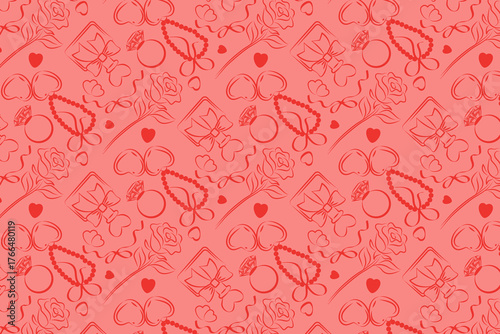 Seamless romantic vector illustration featuring roses, gift boxes, rings, and heart motifs. Designed in a red color scheme, this pattern captures love and festive spirit in intricate details.