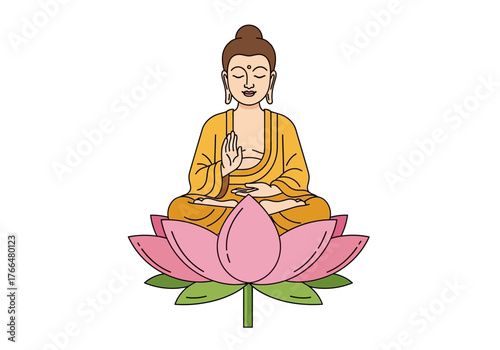 A seated Buddha with brown hair atop a pink lotus flower with green leaves in a yellow robe against a white background