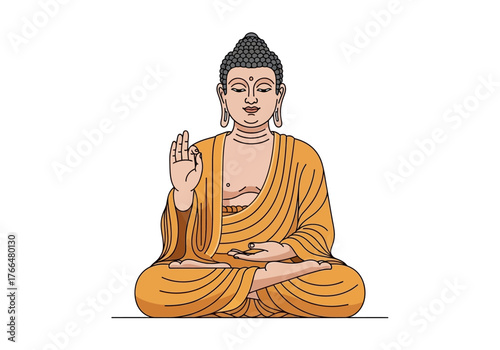 A seated Buddha with a grey hair bun raised hand and saffron robe