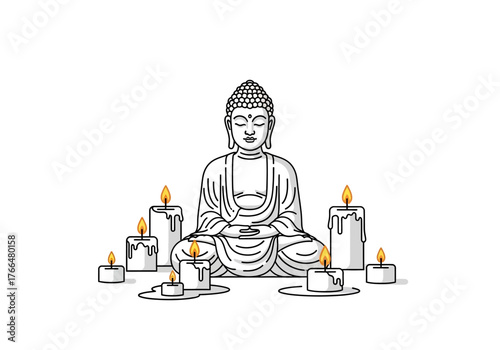 A serene Buddha statue surrounded by lit candles