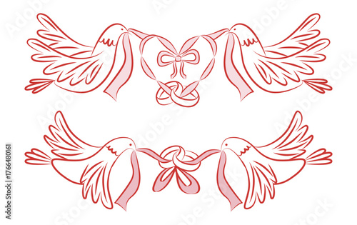 Two pairs of doves with elegantly intertwined ribbons forming heart shapes symbolize love and connection. This vector illustration is perfect for romantic, wedding, or valentine designs.