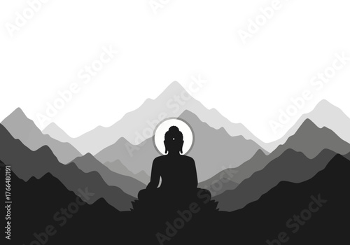 A silhouette of Buddha in meditative pose set against layered grayscale mountain range