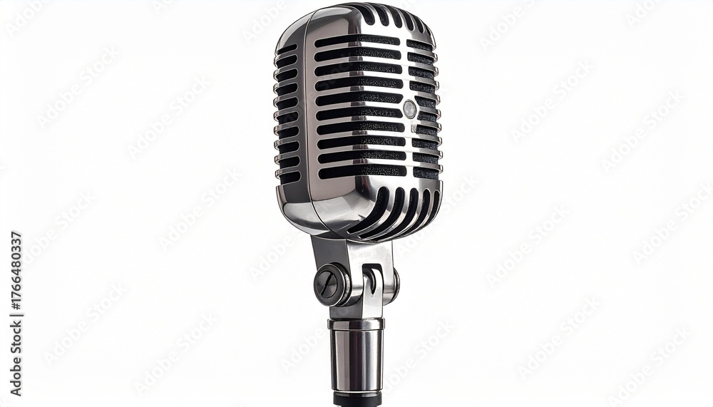 Fototapeta premium “Vintage-style metallic microphone with horizontal grille lines and rounded top, mounted on stand with cable, retro broadcast aesthetic”