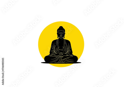 Black Buddha silhouette sits atop a yellow circle against a white background