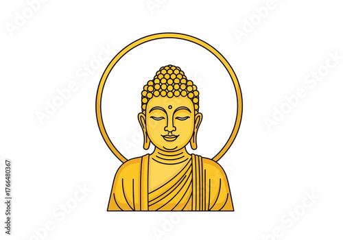 A yellow illustration of a Buddha featuring a halo and robe