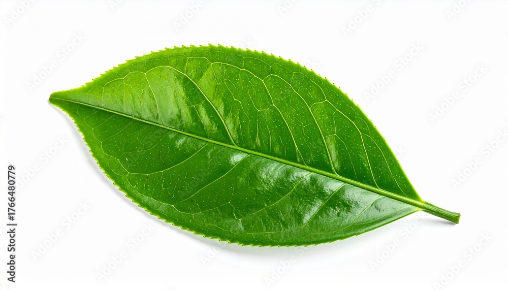 Obraz premium “Single green leaf with serrated edge and visible veins, isolated on white background, botanical clarity”