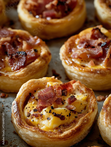 Close up of several bacon and egg tarts with flaky crusts on a baking sheet ready to be served