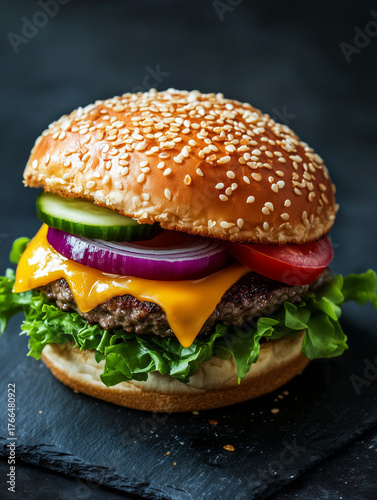 A close up shot of a delicious looking burger with sesame seed bun and fresh vegetables on a dark plate