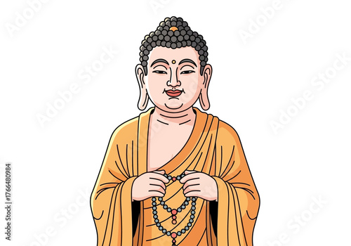 Buddha illustration yellow robe prayer beads serene expression grey hair