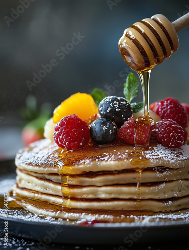Stack of pancakes topped with fresh berries and powdered sugar being drizzled with honey on a dark plate