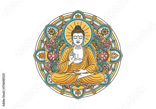 Buddha is seated in meditation inside a circular mandala with floral patterns