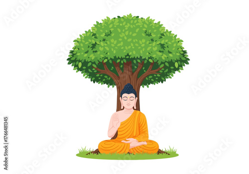 Buddha meditates beneath a Bodhi tree eyes closed draped in saffron robes seated in lotus pose on grass