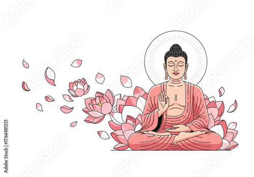 Buddha meditating among pink lotuses under a radiating halo