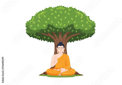 Buddha meditating under a Bodhi tree eyes closed in lotus position wearing orange robes
