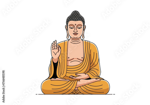 Buddha seated in lotus position wearing a yellow robe and making a hand gesture