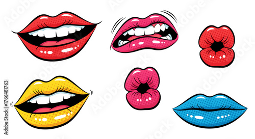 Collection of Vibrant Pop Art Lips Illustrations, Featuring Diverse Mouth Shapes and Colors in a Comic Style with Halftone Dots