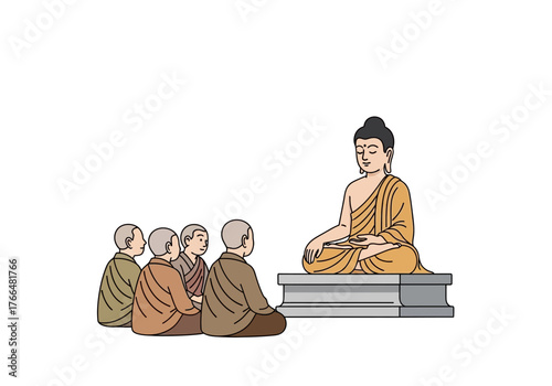Buddha seated teaching disciples on a stone platform