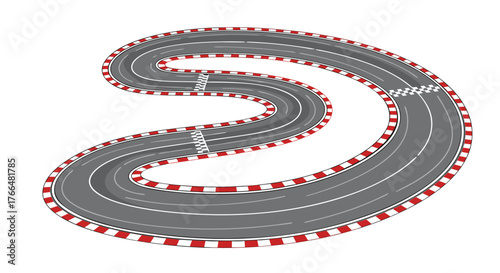 A winding, empty race track with curbing and barriers, perfect for illustrating speed, competition, and automotive themes with its distinct S-curve design