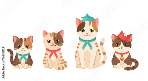 Adorable Cartoon Kittens in Various Adorable Outfits and Accessories, Representing Companionship and Playfulness