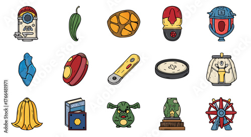 Collection of icons representing various objects, including a pepper, fruit, alarm, gem, food, and a monster, suitable for game design or digital interfaces