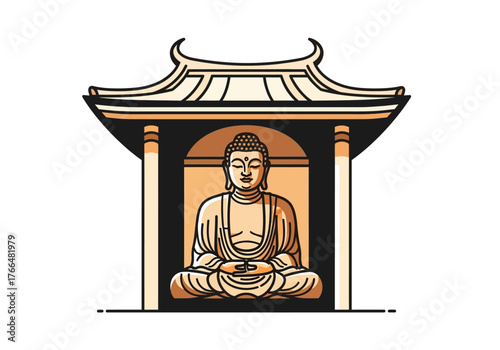 Buddha statue in a temple with a curved roof