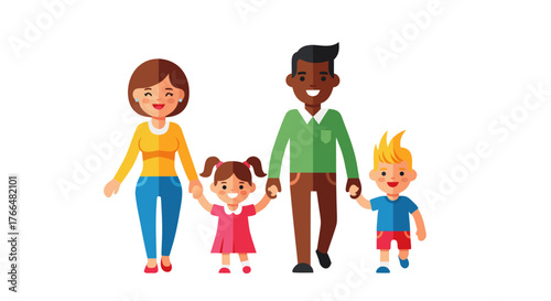 A Diverse, Happy Family of Four, Including Parents and Two Young Children, Walking Together and Holding Hands, Symbolizing Unity and Love