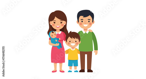 Happy Family Illustration A Mother, Father, and Two Children, Representing Love, Unity, and Togetherness in a Joyful Domestic Scene