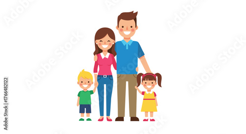 Happy Family Portrait Parents and Two Children Posing Together in a Studio Setting, Smiling and Looking at the Camera