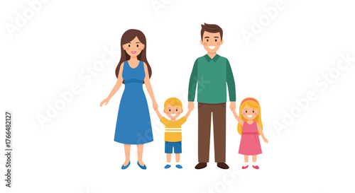 Illustration of a happy family of four, including a father, mother, son, and daughter, all smiling and holding hands, representing unity and togetherness