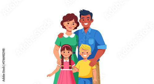 A happy, smiling family of four, including parents and two young children, posing together in front of a white background