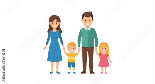 Illustration of a happy family with parents and two children standing together, celebrating unity and togetherness in a joyful moment, representing love and connection