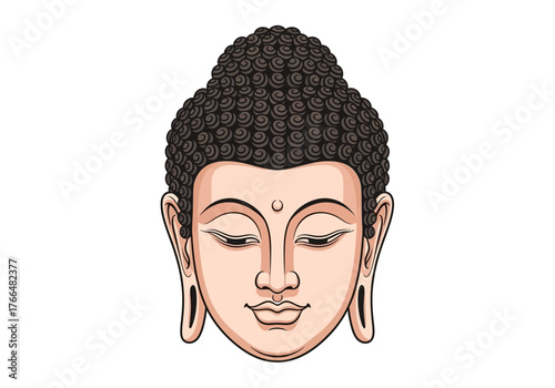 Buddhas head curly hair closed eyes serene expression and elongated ears