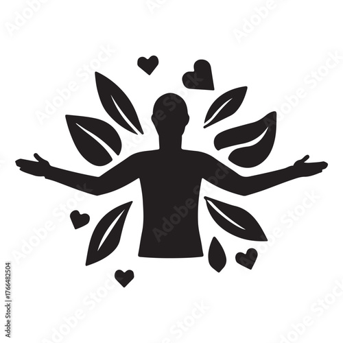 Human figure with leaves radiating like a tree, harmony with nature, wellness and personal growth, organic eco lifestyle and vitality concept in bold monochrome vector