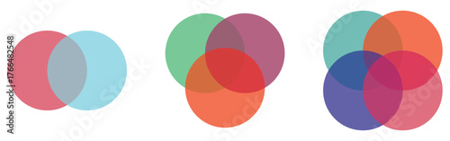 Modern isolated Venn diagram icons set on white background. Logo-type diagram vector set on white page. Modern isolated graphical flat Venn diagram icons. EPS 10. 